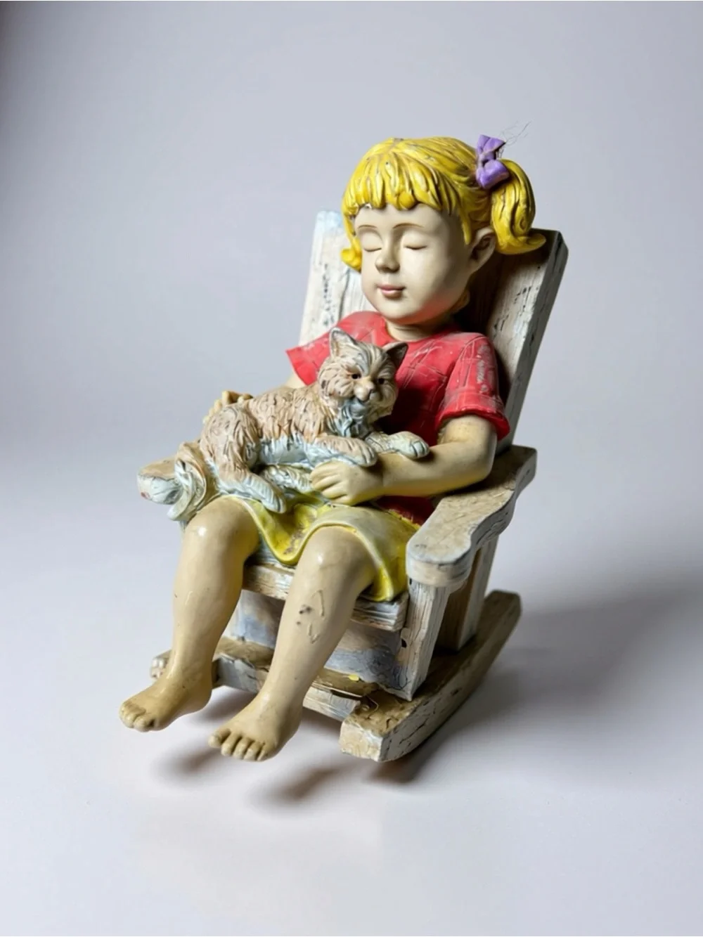 Vintage Resin Yard Art Sculpture- Girl with Cat Figurine - Yellow Skirt, Red Top